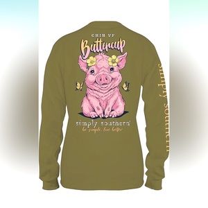 Free Ship! NWT! Simply Southern Long Sleeve Green Piggy Shirt, Size M